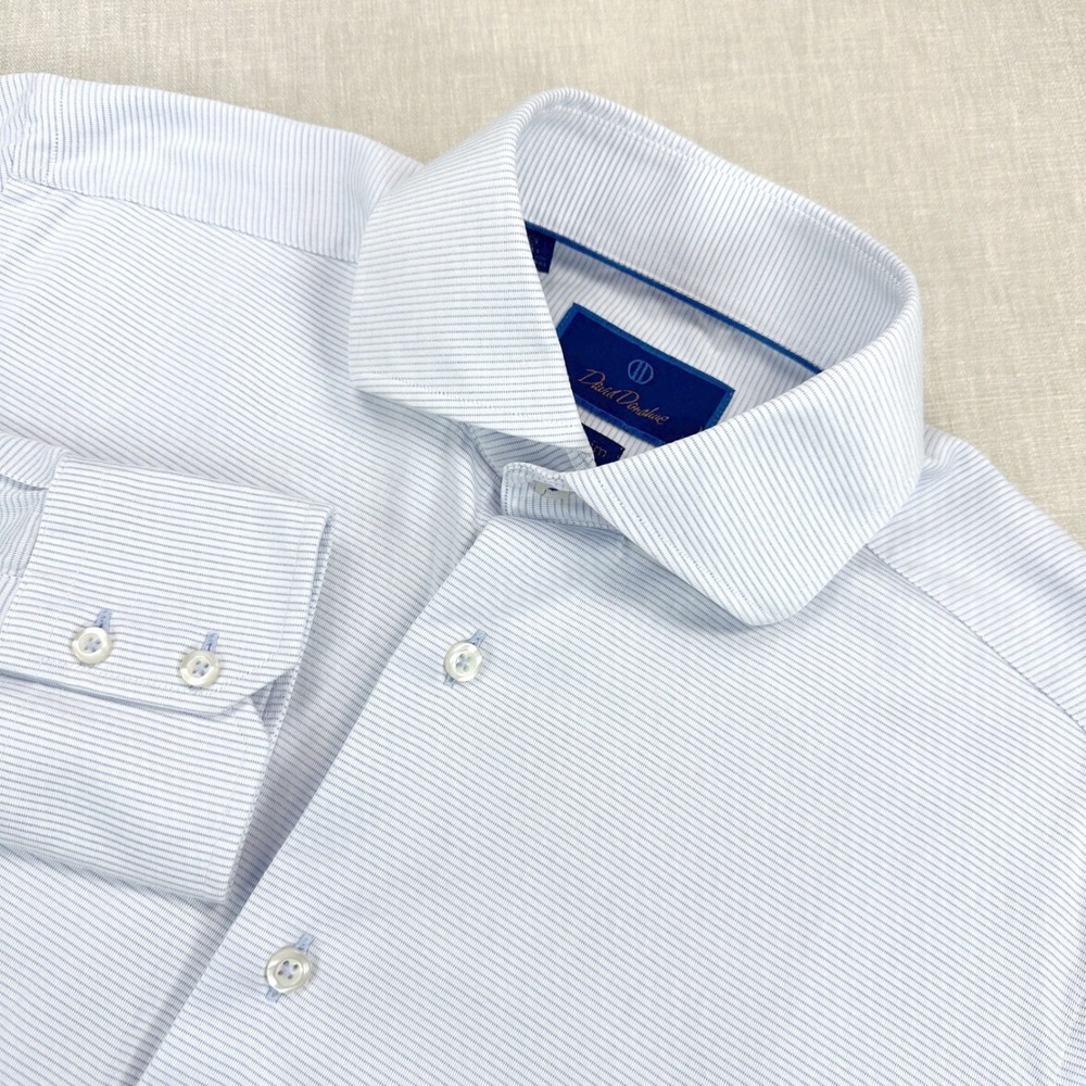 David Donahue Dress Shirt Mens 15.5 32/33 White Blue Stripe Trim Fit Cotton
